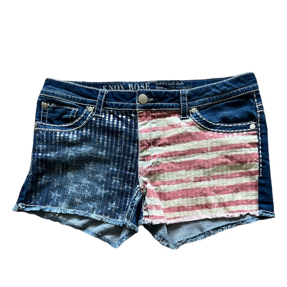 Knox Rose Pants - Knox Rose Stars, Stripes, and Sequin Frayed Hem Jean Shorts Sz. 14